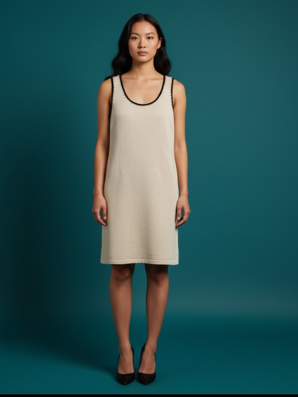 St. John Collection Cream Tank Knit Dress with Black Trim and Stud Accents